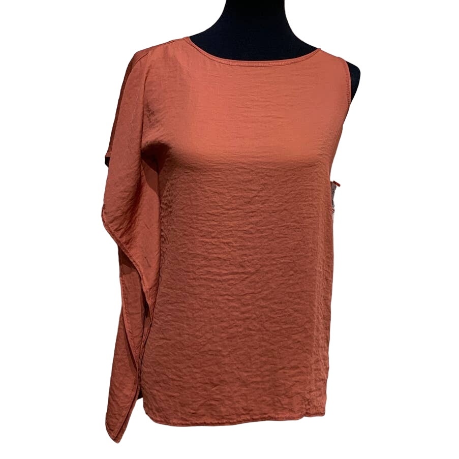 New Rachel Rachel Roy XS Asymmetrical Shoulder Ruffle Terra Cotta Orange Top