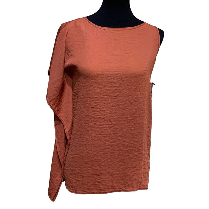 New Rachel Rachel Roy XS Asymmetrical Shoulder Ruffle Terra Cotta Orange Top