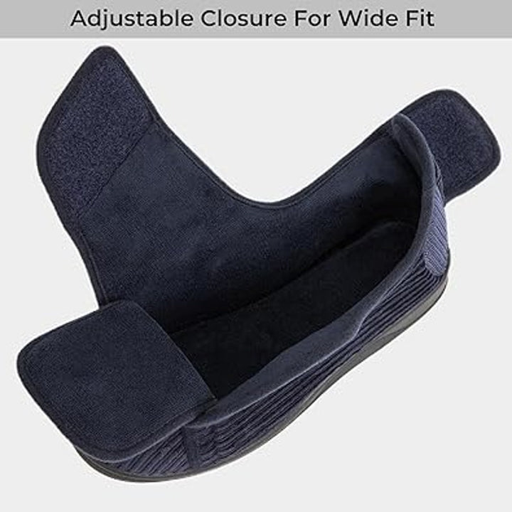 HomeTop Womens Size 10 Navy Blue Corduroy Adjustable Hook Loop Diabetic Slippers