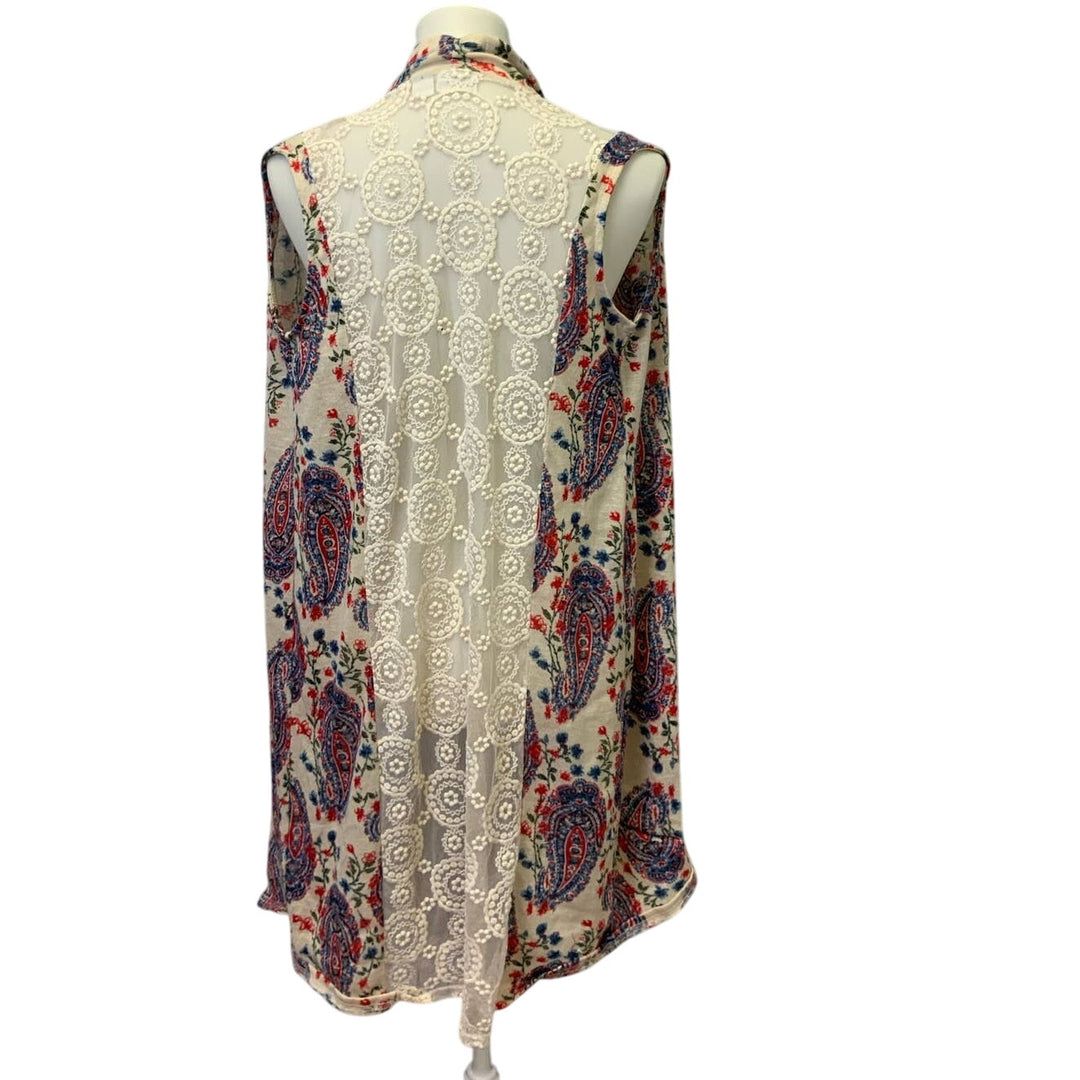 Cato Medium Paisley Sleeveless Long Flowy Floral Coverup Cardigan Lace Inset