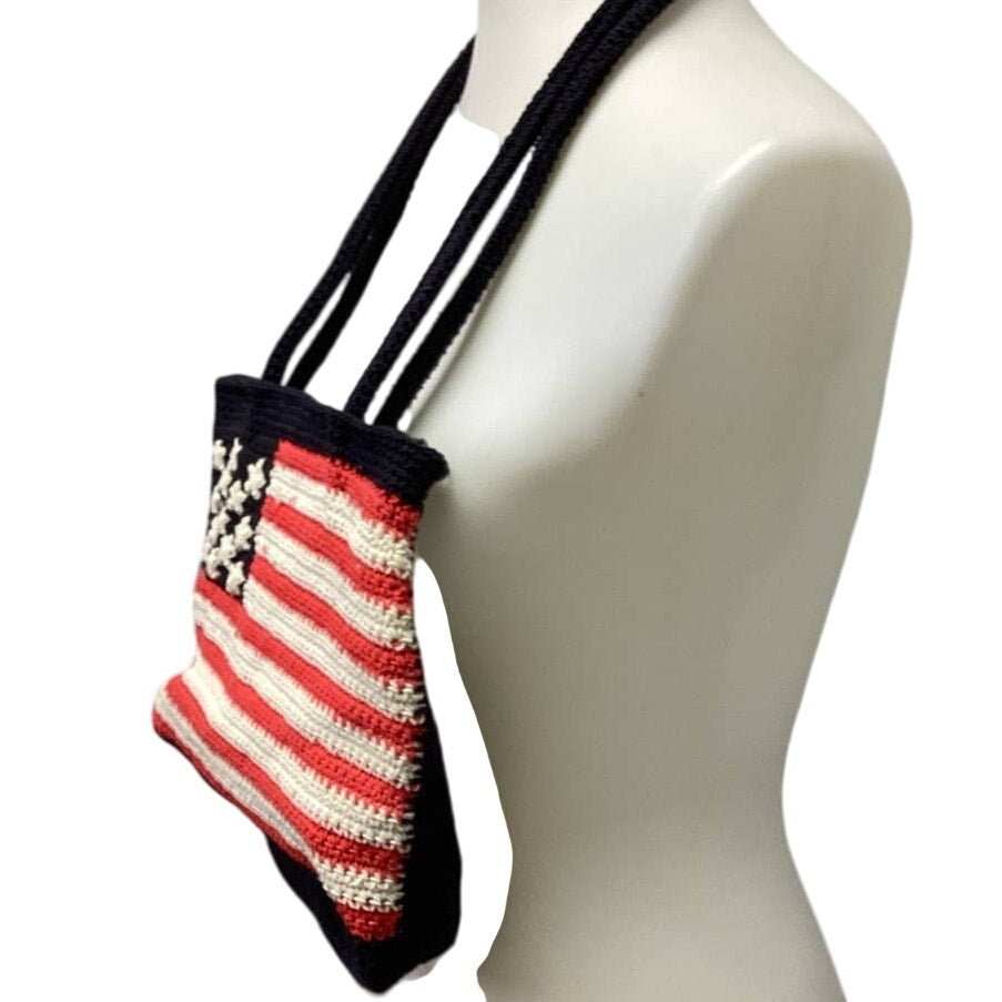 USA Patriotic American Flag Woven Stretch Cord Small Zipper Close Purse Handbag