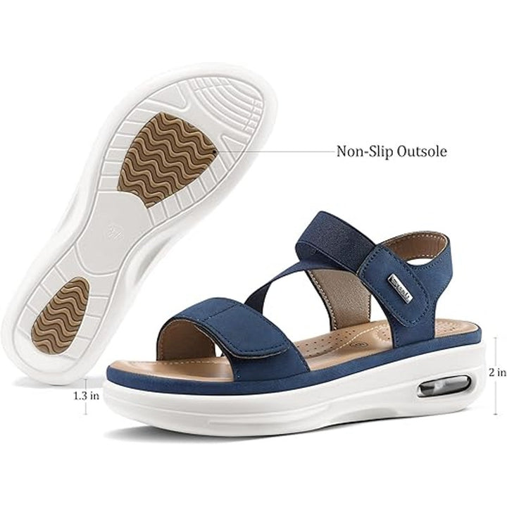 Mysoft Womens 9.5 Navy Open Toe 2" Platform Hook Loop Air Cushion Sandal Shoes