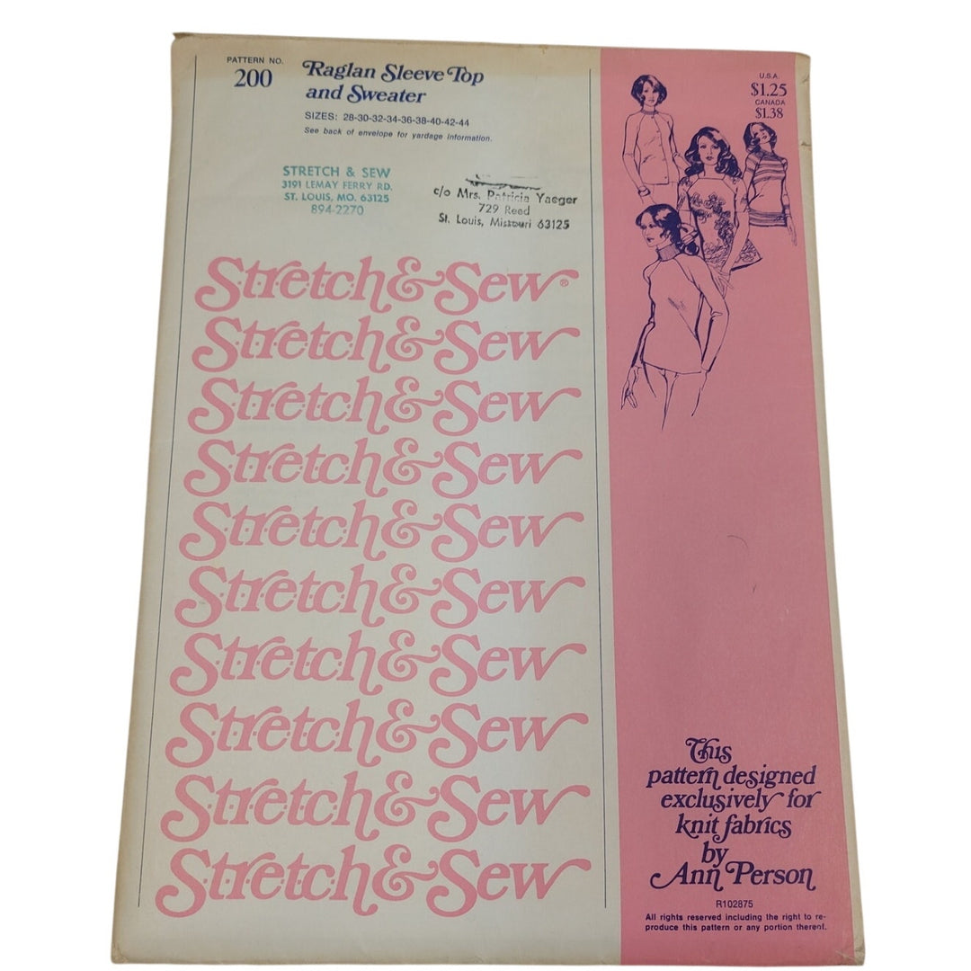 Vintage 1974 Stretch &amp; Sew 200 Raglan Sleeve Top Knit Fabric Uncut Pattern