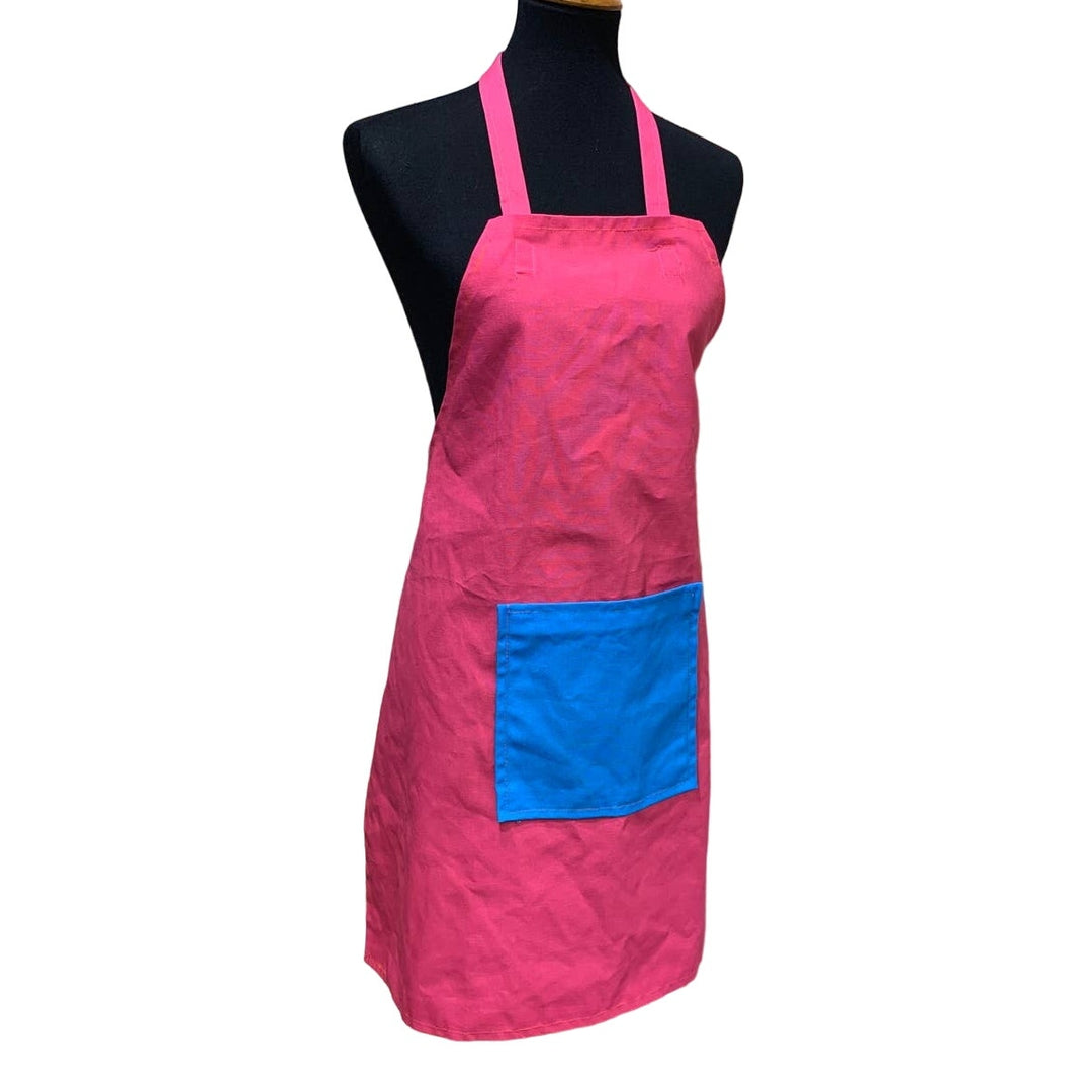 Handmade Hot Pink w Blue Pocket Craft Kitchen Smock Long Apron w Ties in Back