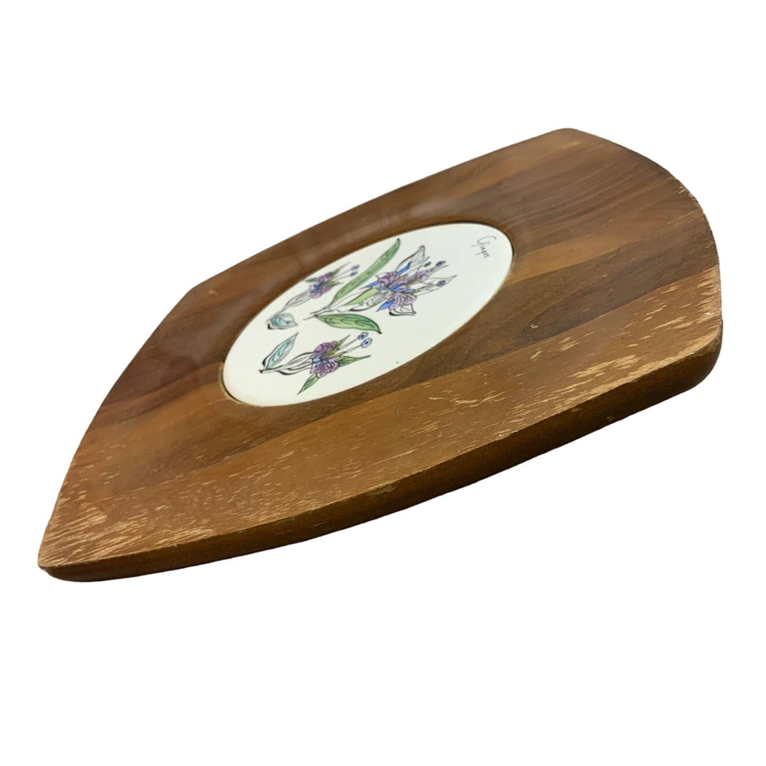 Vintage Vermillion Ginger Flower Ceramic Inset Real Walnut Wood Snack Platter