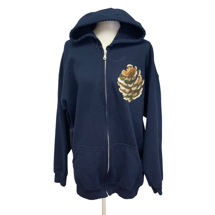 Hand Printed Mens 2XL Upcycled Rustic Pine Cone Long Sleeve Sweatshirt Hoodie