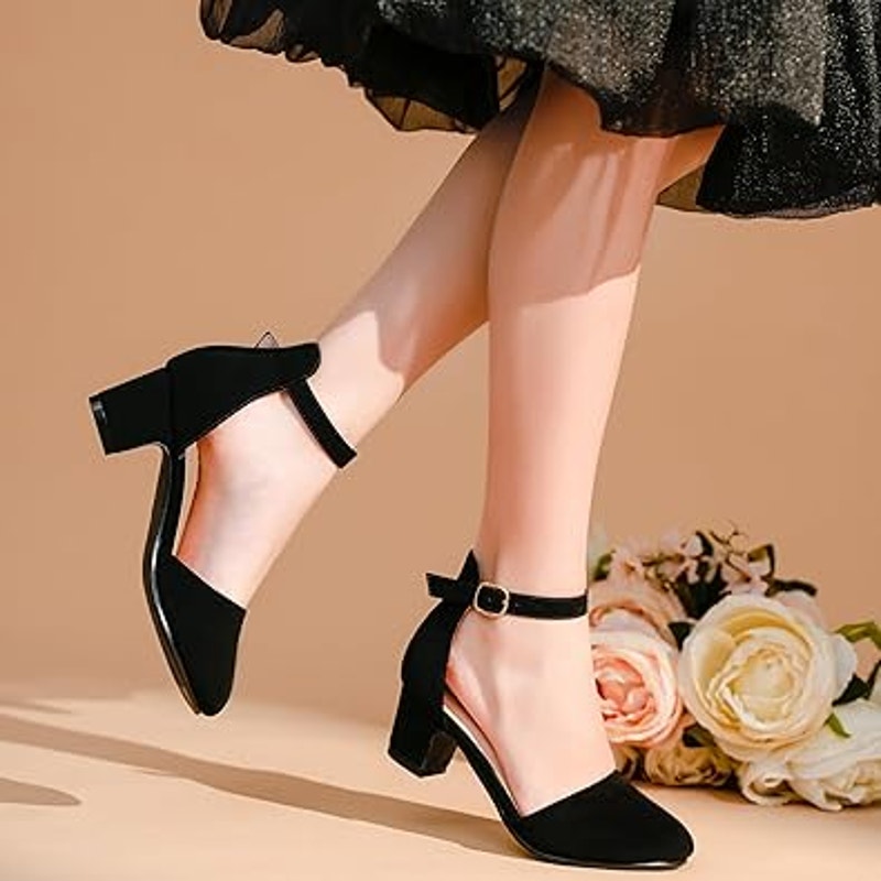 Laurmosa Big Girls Size 2 Black Faux Suede Closed Toe Ankle Strap 2" Heel Shoes