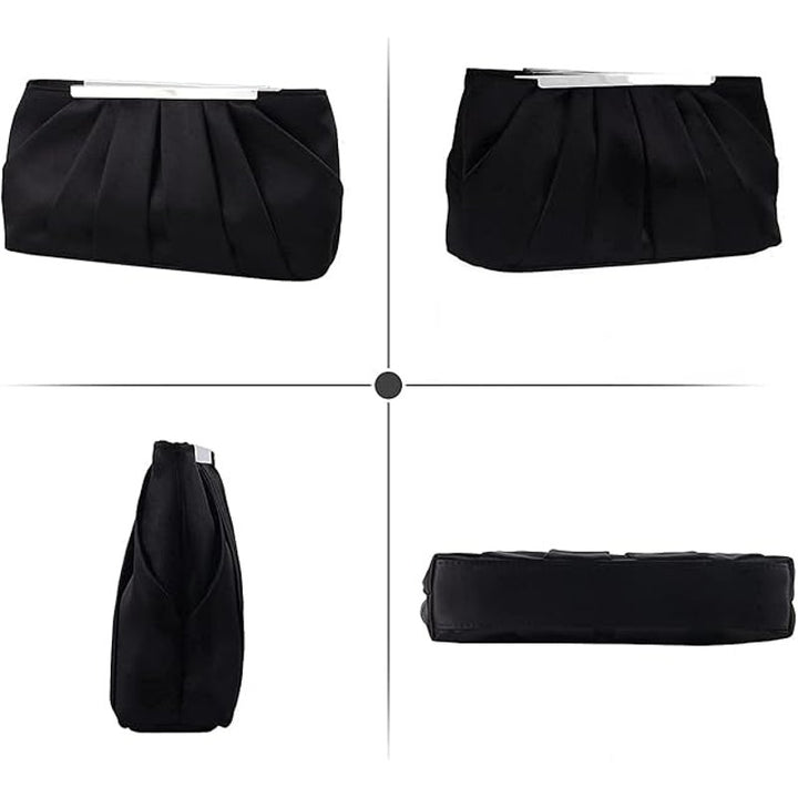 Lanpet Womens Black Silver Pleated Satin Magnetic Close Clutch Handbag