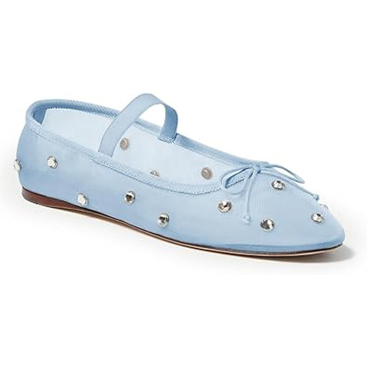Coutgo Womens Size 8 Baby Blue Mesh Rhinestone Studded Mary Jane Ballet Flats