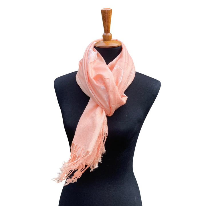 New Embroidered Peach Floral Fringed Lightweight Pashmina Shawl Wrap Scarf