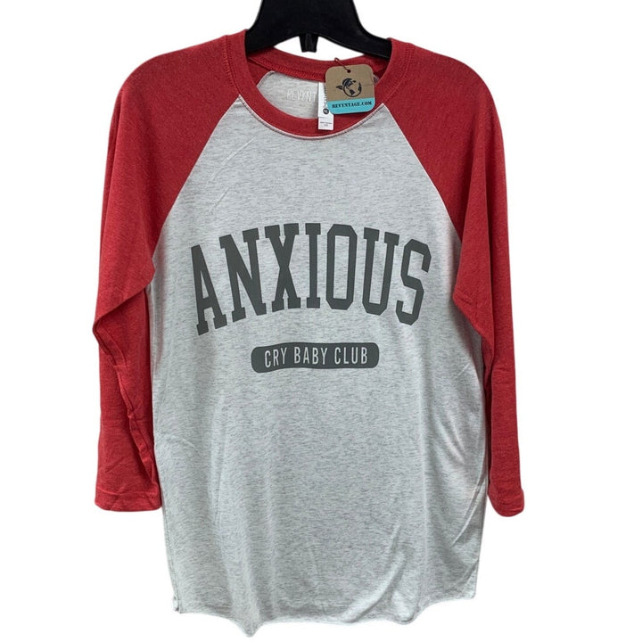 New Hand Printed Womens XS Anxious Cry Baby Club Long Sleeve Red Gray Tee Shirt