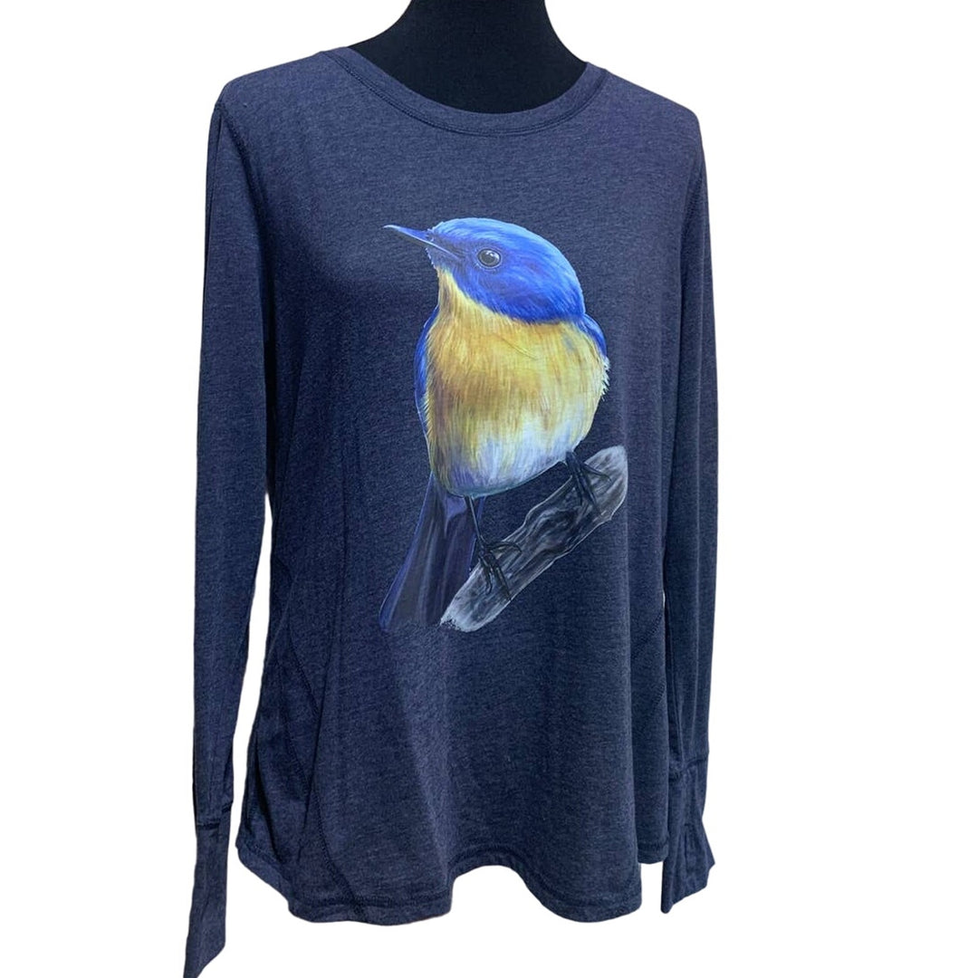 Upcycled Hand Printed Womens XL Yellow Bluebird Ukraine Artist Fundraiser Tee