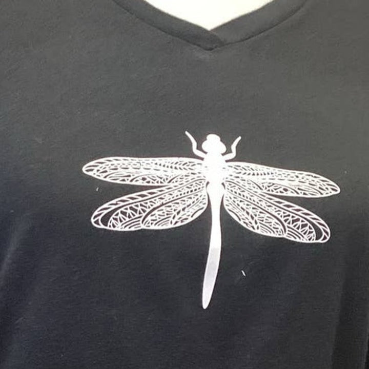 Hand Printed Upcycled Small Dragonfly V Neck 100% Cotton Long Sleeve Tee Shirt