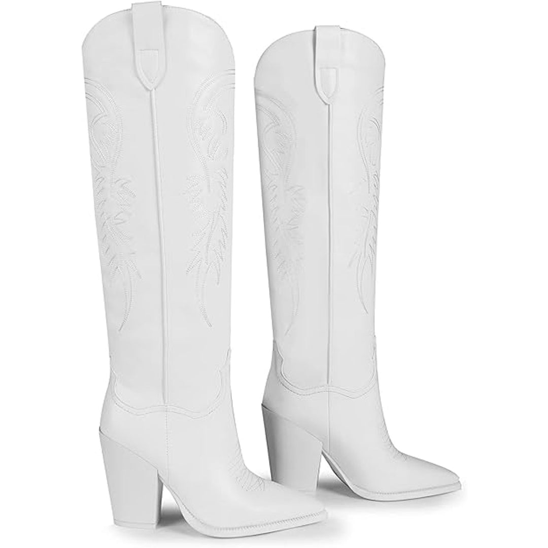 ISNOM Womens Size 7 White Faux Leather Knee High Chunky 4" Heel Cowboy Boots