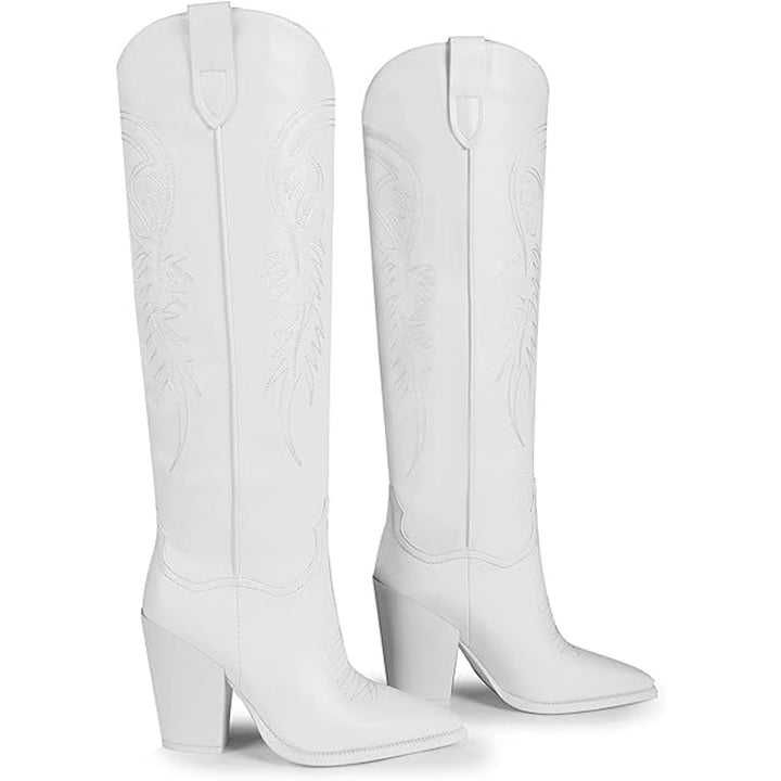 ISNOM Womens Size 7 White Faux Leather Knee High Chunky 4" Heel Cowboy Boots