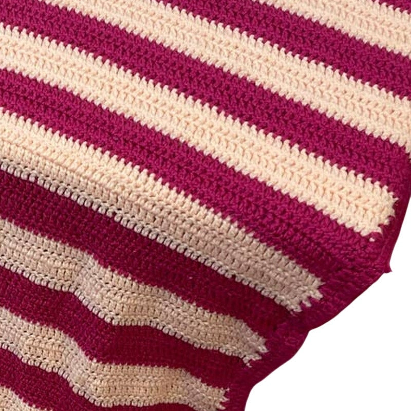 Handmade Vintage Crocheted Hot Pink Stripe Blanket Acrylic Yarn Afghan Throw