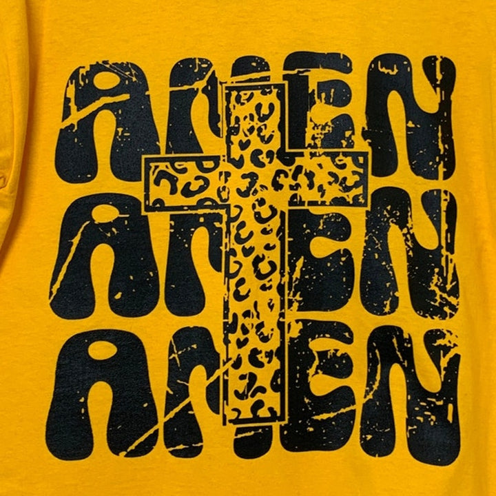 New Hand Printed Youth Medium Yellow Amen Amen Amen Jesus Crew Neck Tee