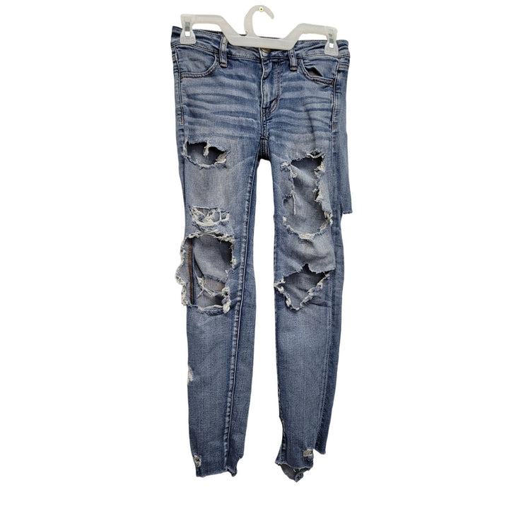 American Eagle Womens 0 Short Factory Whiskered, Faded &amp; Distressed Denim Jeans