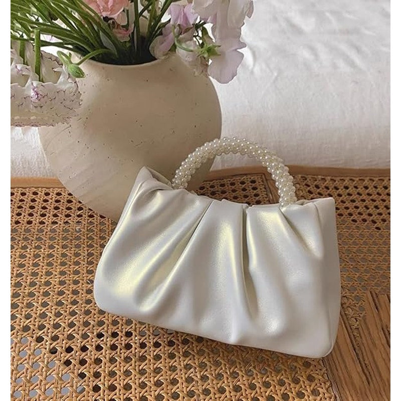 New Shiny Gold White Pearl Beautiful Small Evening Faux Leather Handbag Purse