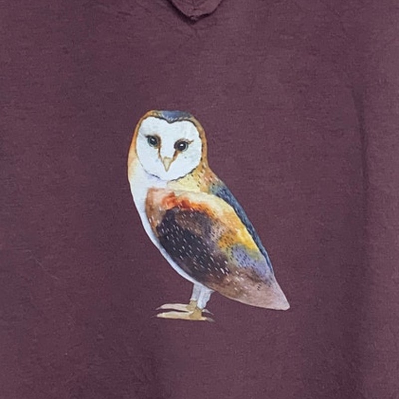Upcycled Hand Printed Womens Large Woodland Owl Bird Long Sleeve Tee Shirt