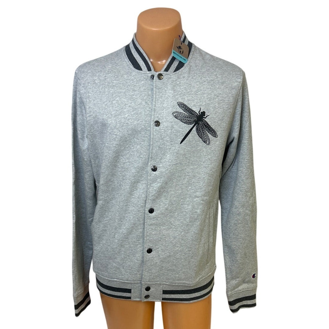 New Champion Unisex Small Gray Snap Up Hand Printed Dragonfly Bomber Jacket