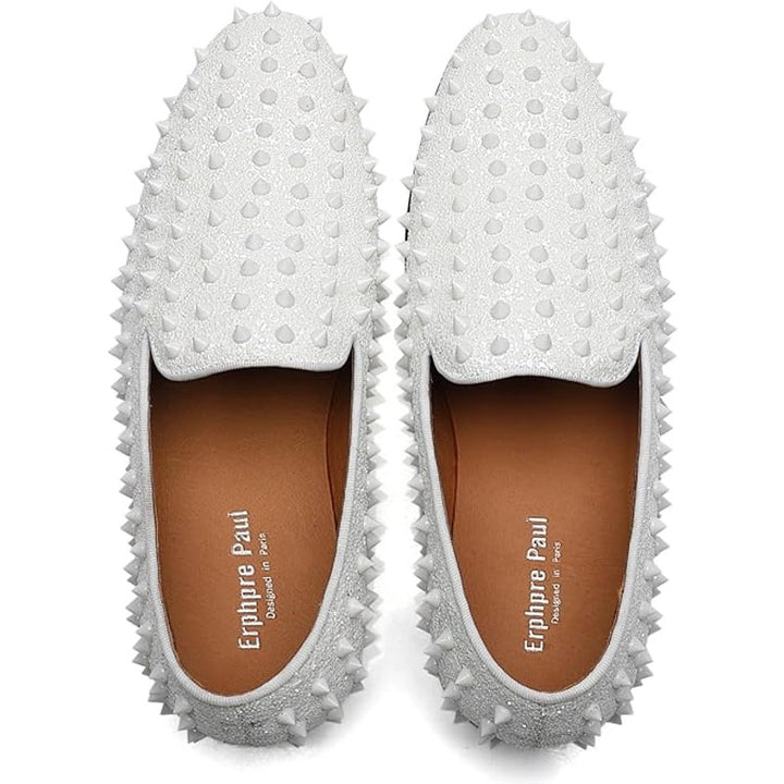 Erphpre Paul Mens Size 11 White Sparkle Silver Studded Spiked Slip On Loafers
