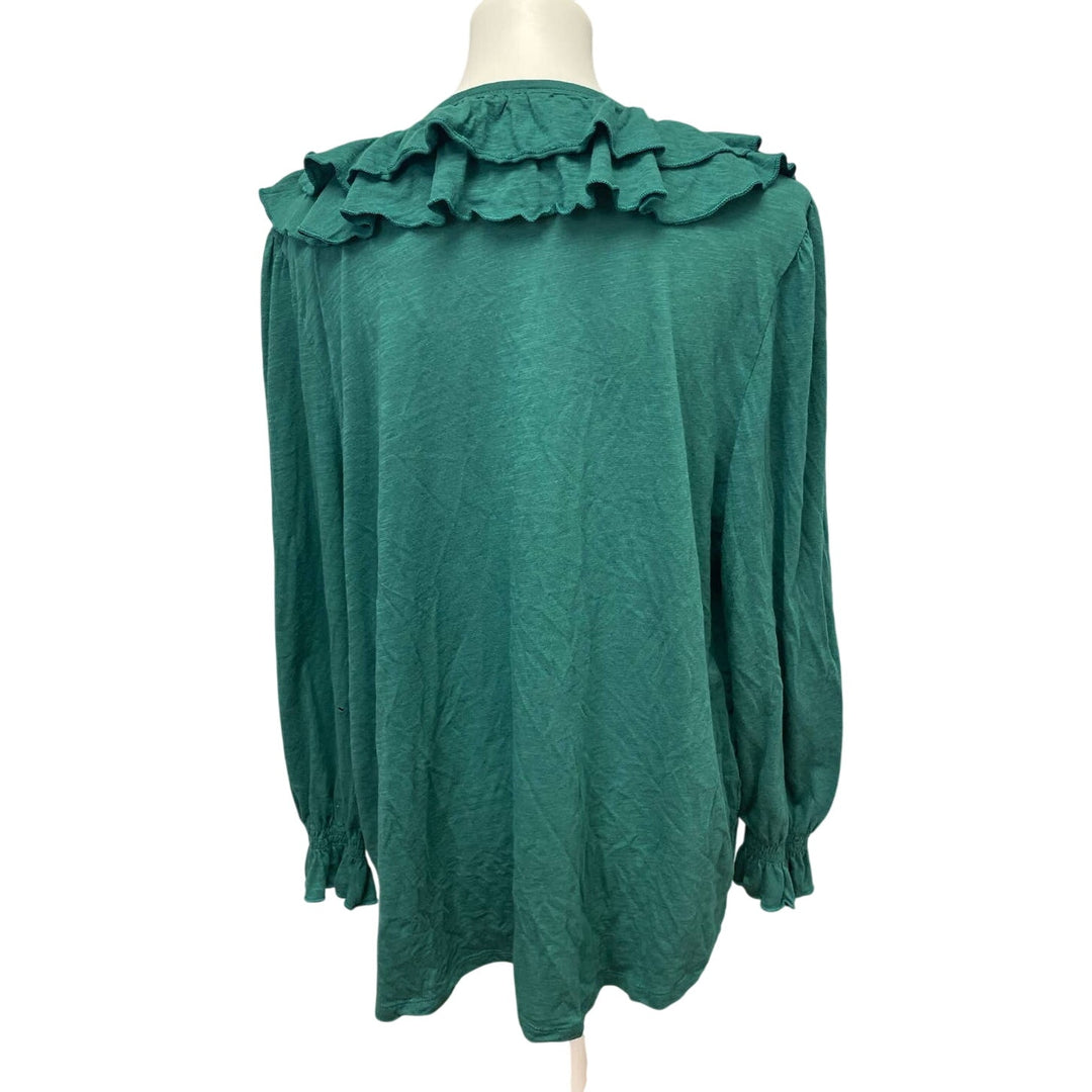 Terra &amp; Sky Womens 1X Long Sleeve Deep Ruffled V-Neck Cotton Blend Top Blouse