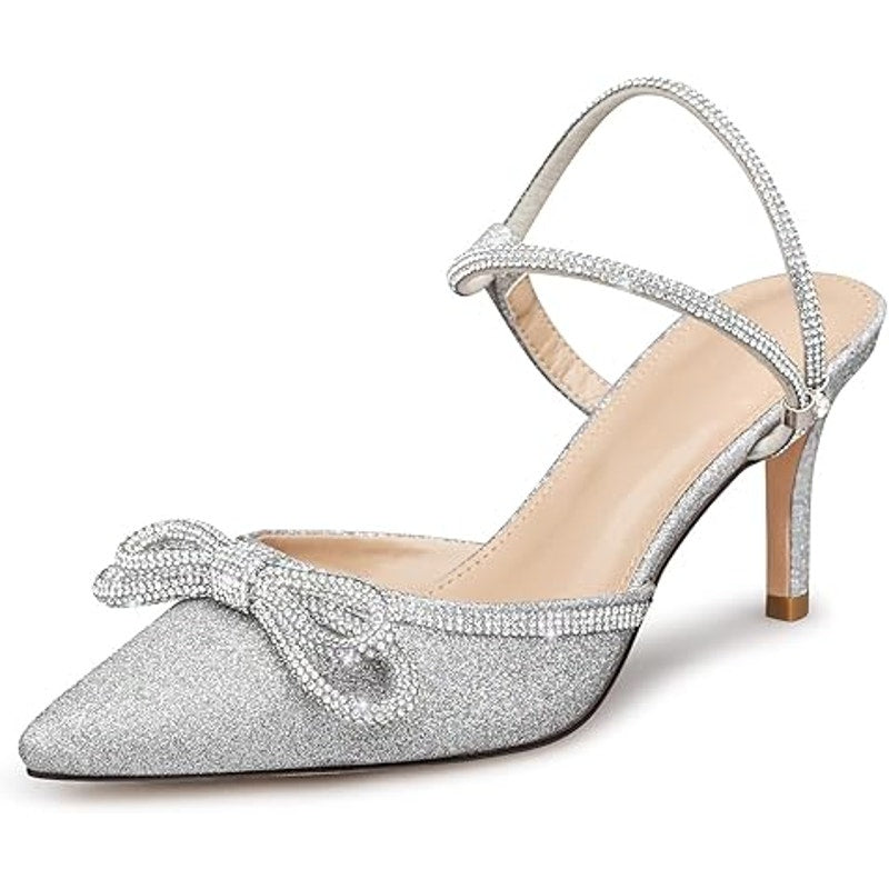 New Susanny Womens Size 8.5 Silver Glitter Rhinestone Bow 4" Heel Shoes