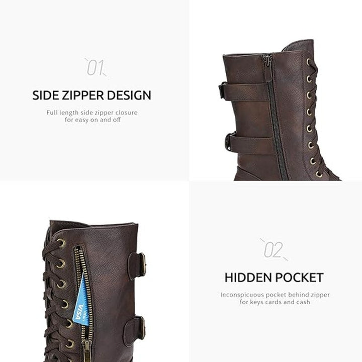 Dream Pairs Womens Size 6 Brown Faux Leather Mid Calf Hidden Wallet Combat Boots