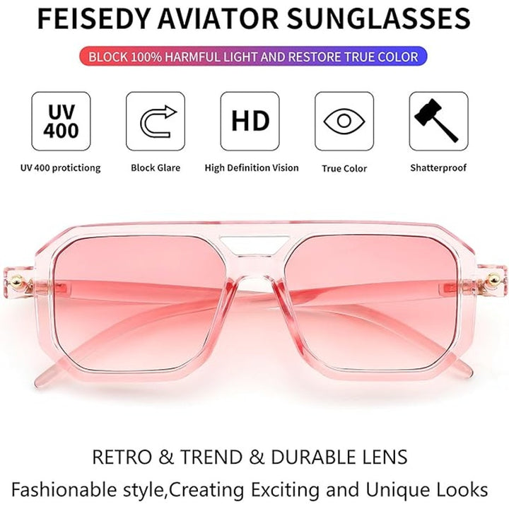 FEISEDY Pink Lens Vintage Square 70s Flat Aviator Sunglasses for Women
