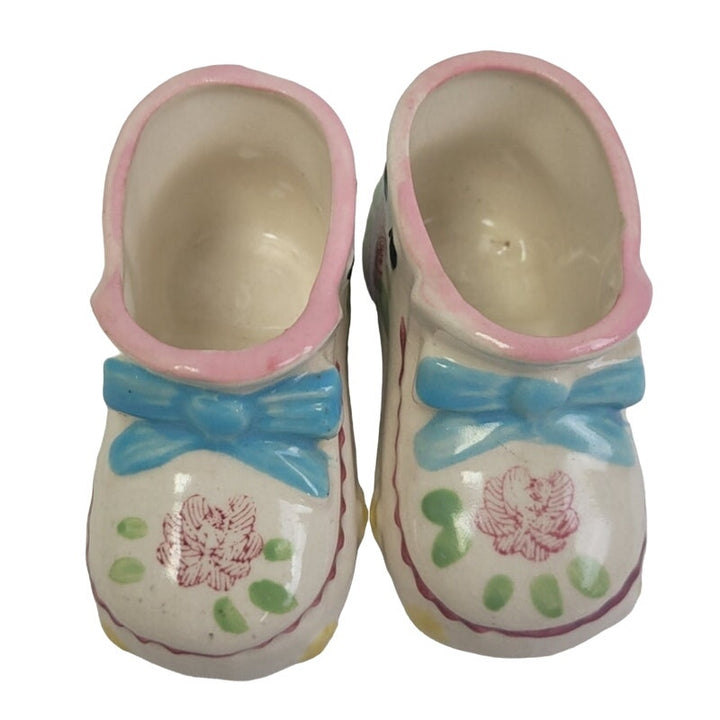 Pair of Two Vintage Hand Painted Ceramic Baby Bootie Shoes Made In Japan