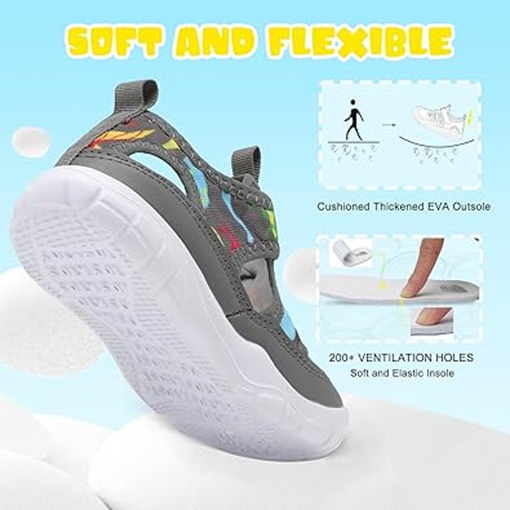 Barerun Little Boys Size 11 Gray Dinosaur Hook Loop Non Slip Water Swim Shoes