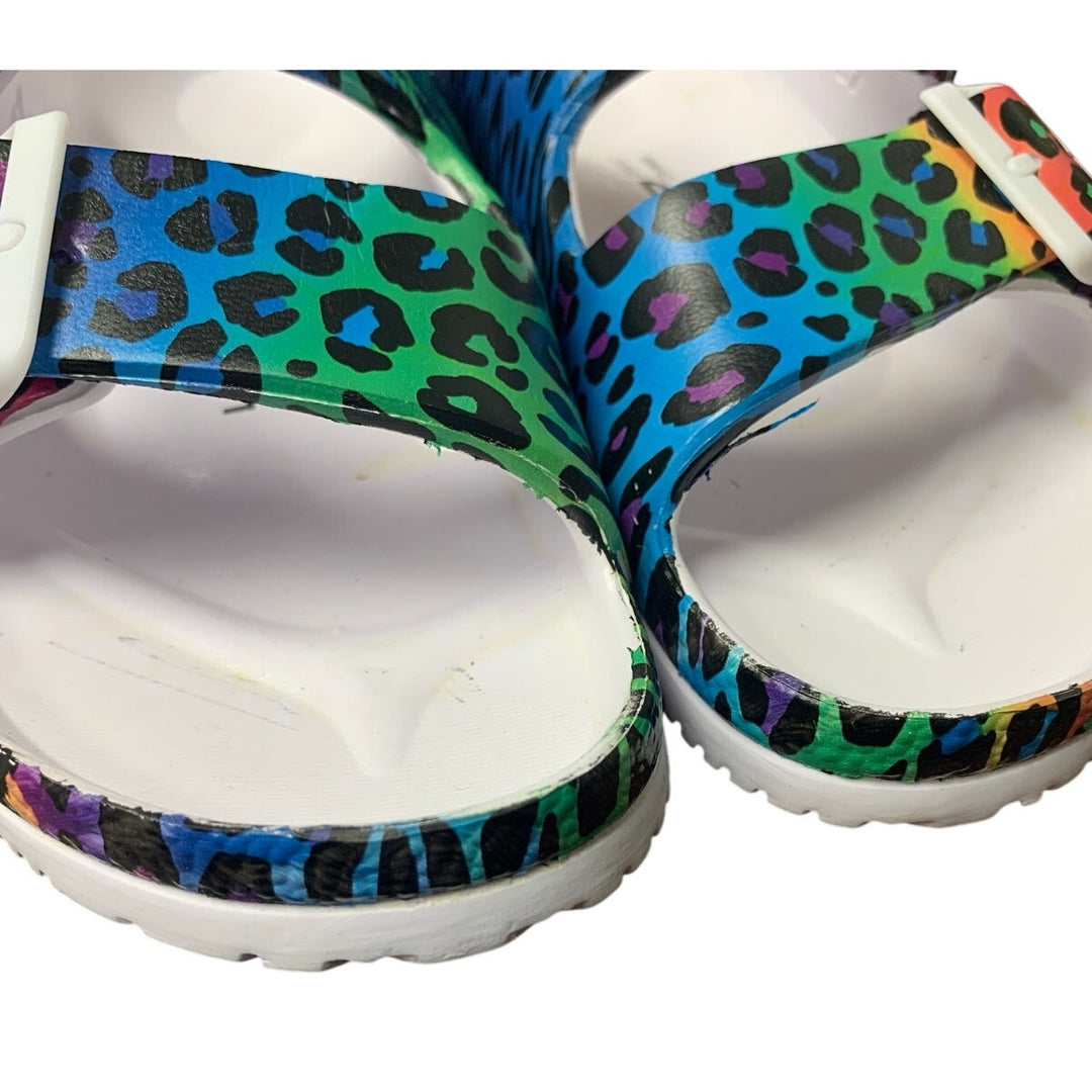 Vict Popu Womens Size 6.5 Rainbow Leopard Slide On Double Buckle Comfort Sandals
