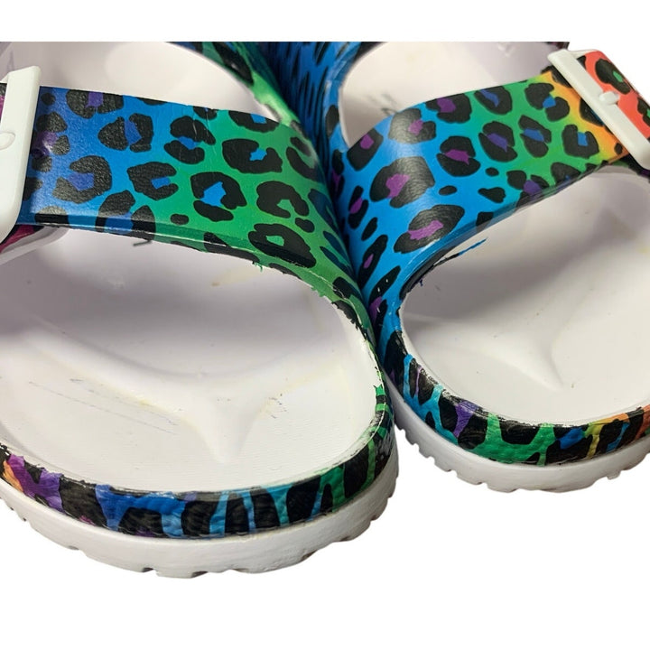 Vict Popu Womens Size 6.5 Rainbow Leopard Slide On Double Buckle Comfort Sandals