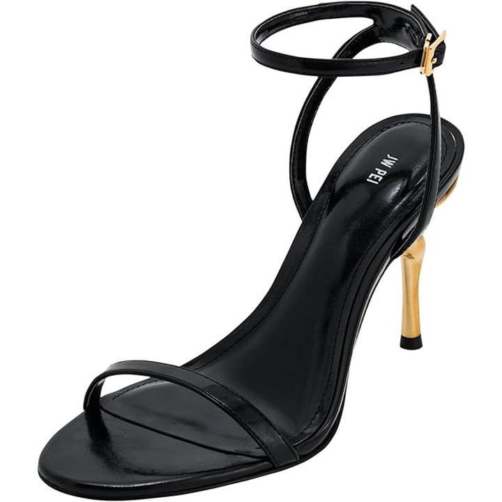 JW PEI Womens Size 8.5 Black Leather Alivia Gold Metal 4" Heels Sandals Shoes