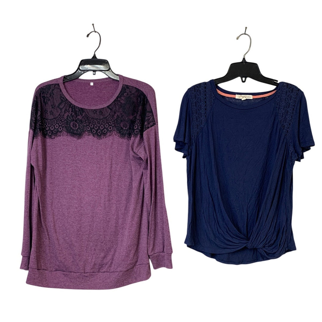 Lot of 2 Rewind Womens Large Purple Navy Lace Long Short Sleeve Tee Shirts euc