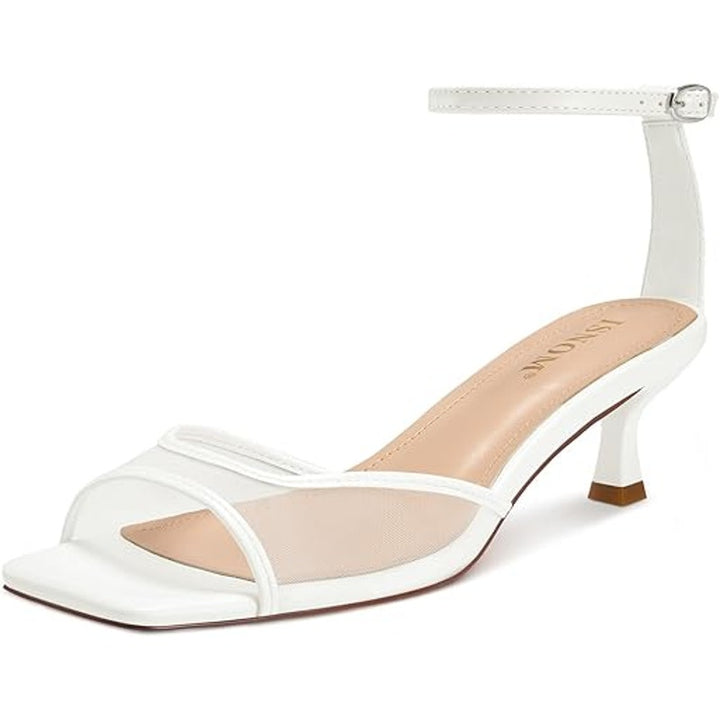 Isnom Womens 8 White Faux Leather Mesh OpenToe 2.5" Heel AnkleStrap Sandal Shoes