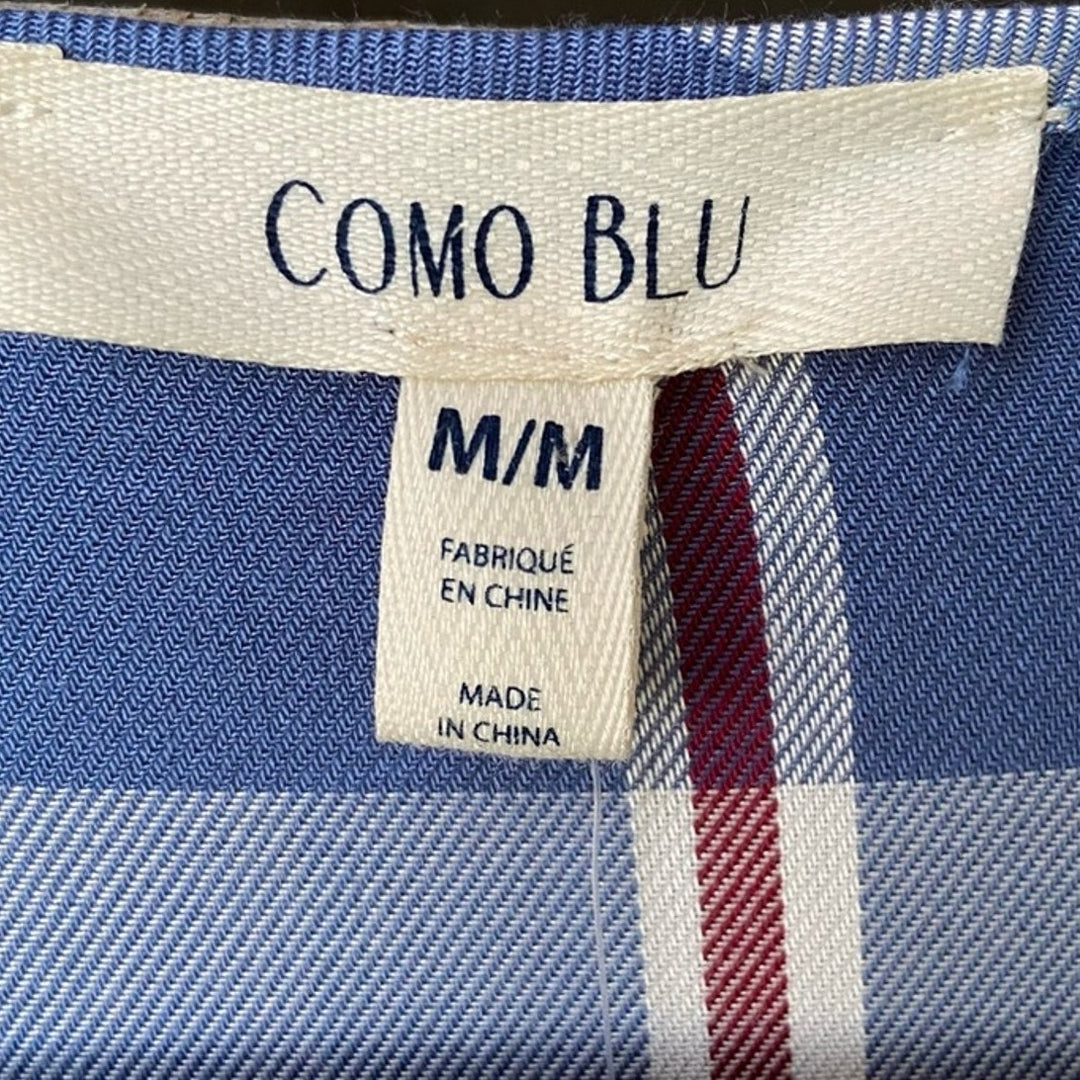 NWT New Como Blu Womens Medium Blue Plaid Half Bell Sleeve Rayon Front Tie Top