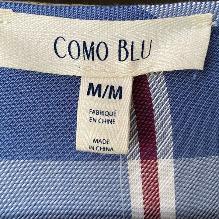 NWT New Como Blu Womens Medium Blue Plaid Half Bell Sleeve Rayon Front Tie Top