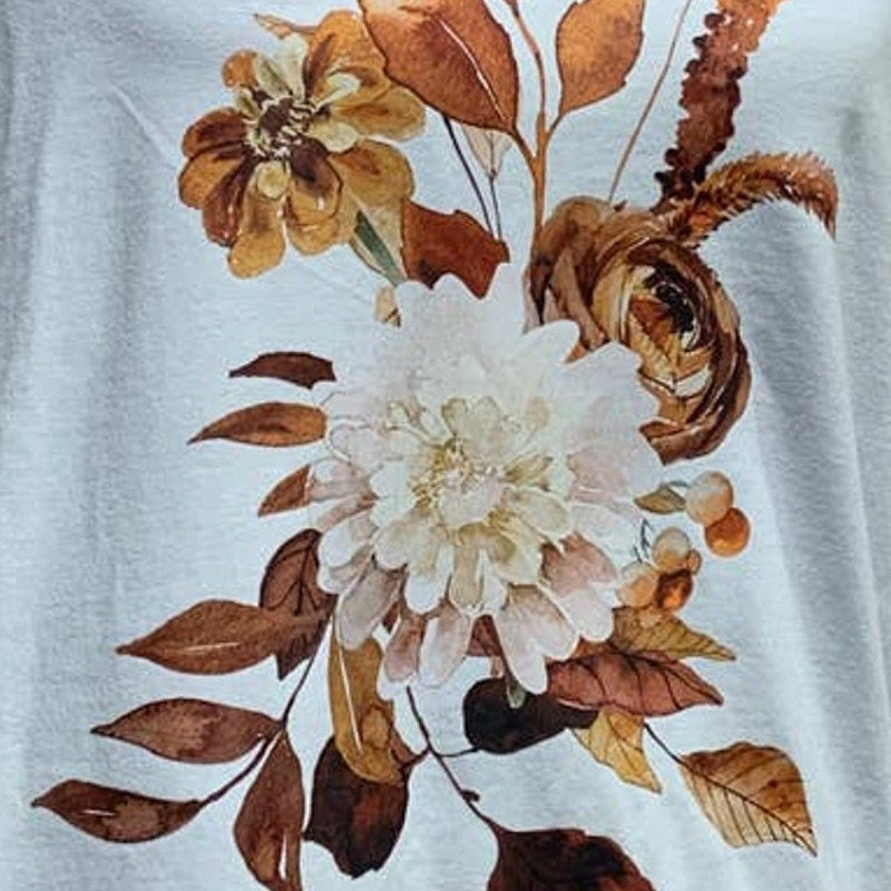 Hand Printed Upcycled Womens Large Fall Leaves Floral Harvest Bouquet Tee