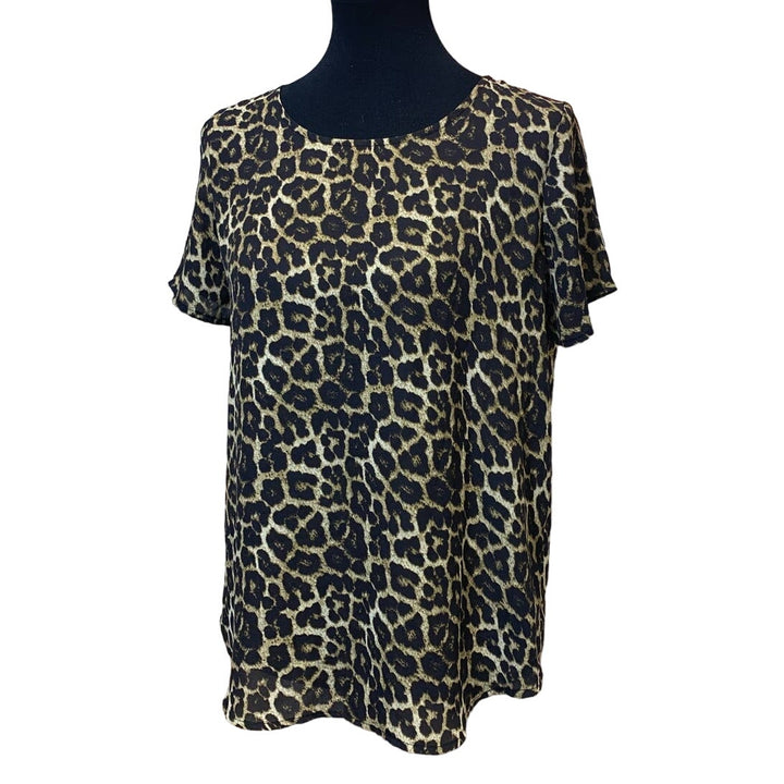 Chelsea &amp; Theodore Womens Small Short Sleeve Polyester Leopard Print Top Blouse