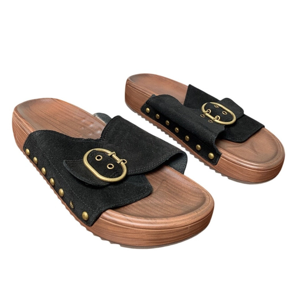 Ubfen Womens 9.5 Black Faux Suede Slide On Buckle Cushion Footbed Sandal Shoes