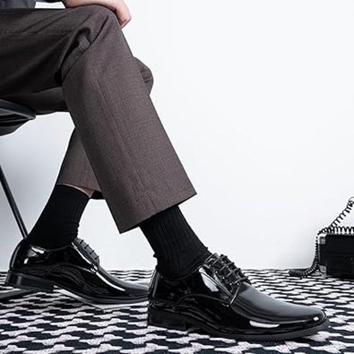 Jousen Mens Size 13 Shiny Black Faux Leather Lace Up Formal Oxford Loafer Shoes