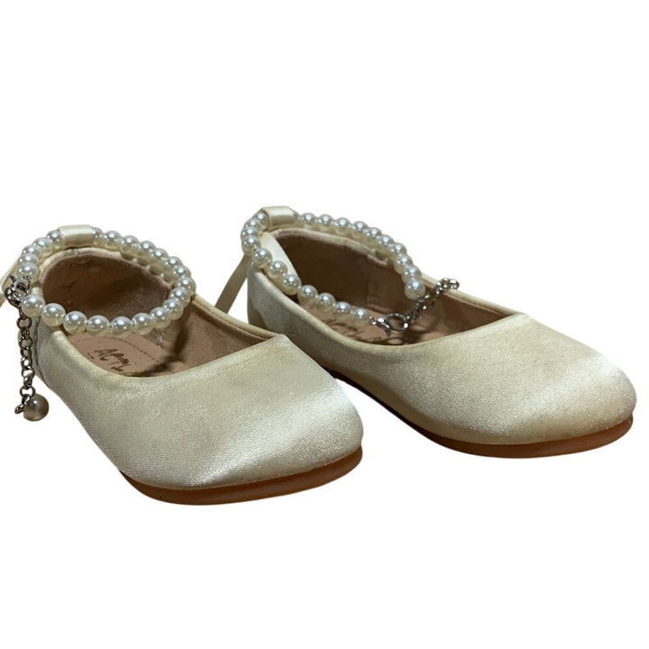 Actlati Toddler Girls 7 Cream Ballet Flats Pearl Ankle Strap Back Bow Shoes