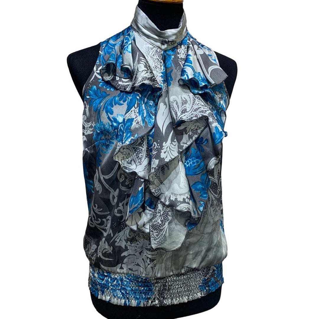 Dress Barn Small Sleeveless Ruffled Front Silky Polyester Floral Career Top