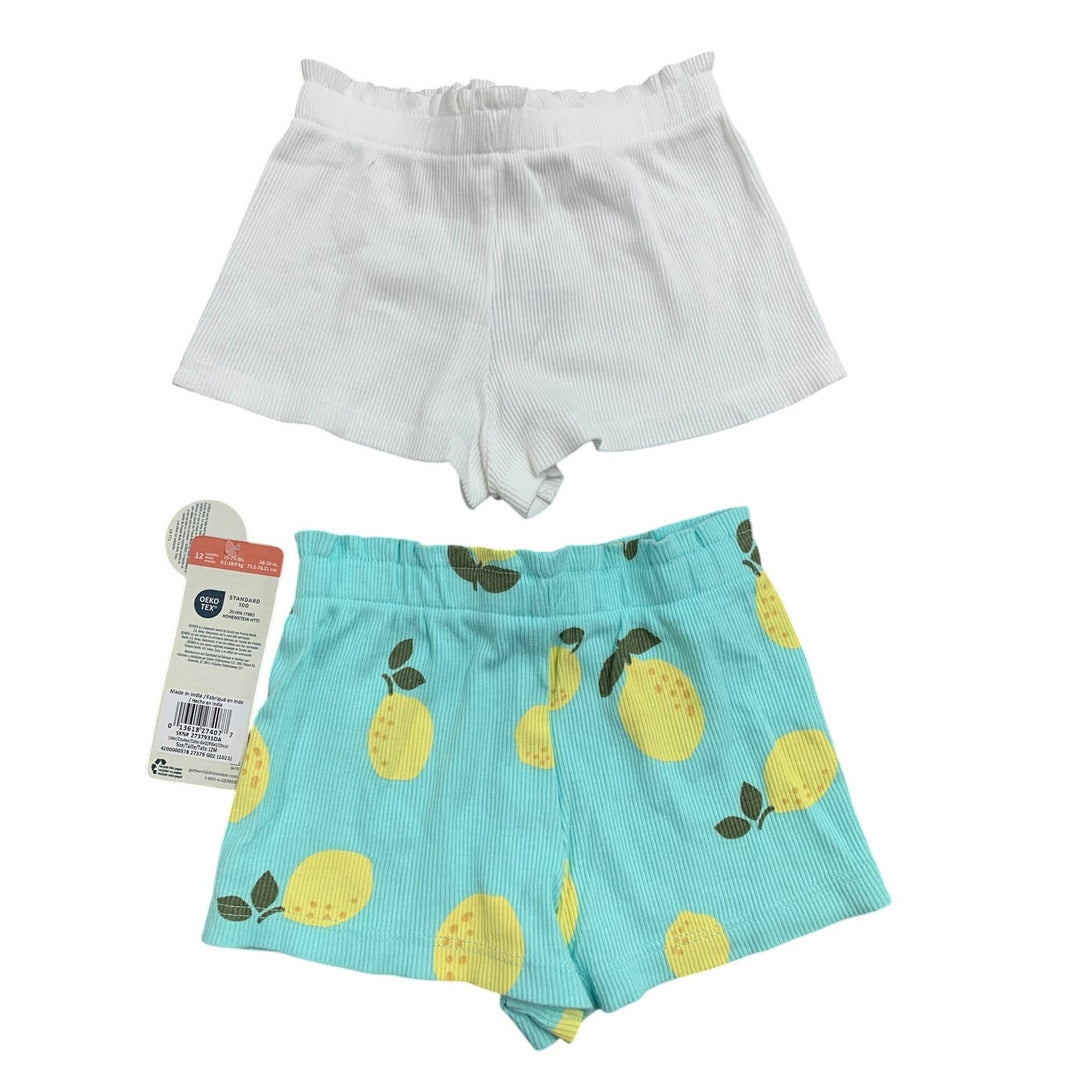 New Gerber 2-Pack Baby Girls Size 12 Months White Lemon Pull On Knit Shorts