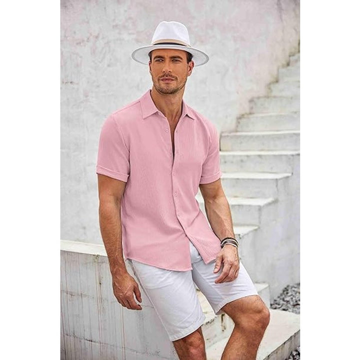 Coofandy Mens Large Pink Short Sleeve Casual Button Up Breathable Collared Shirt