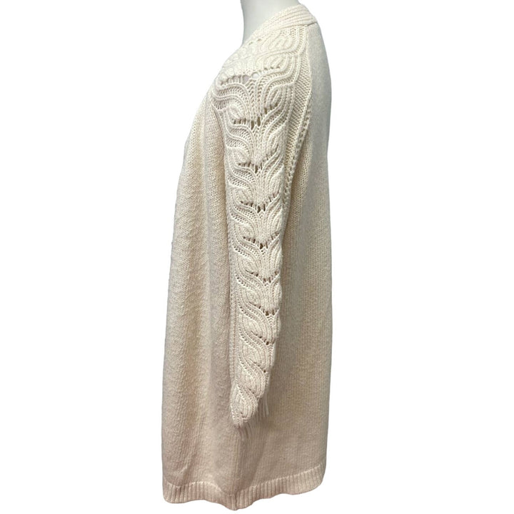 Ann Taylor Small Cotton Blend Long Open Front Cable Knit Cream Cardigan Sweater