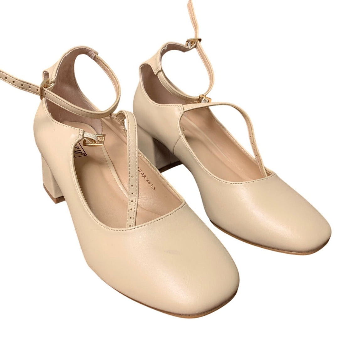 Idifu Womens Size 8.5 Tan Mary Jane 2.25" Block Heel Closed Toe Heel Shoes