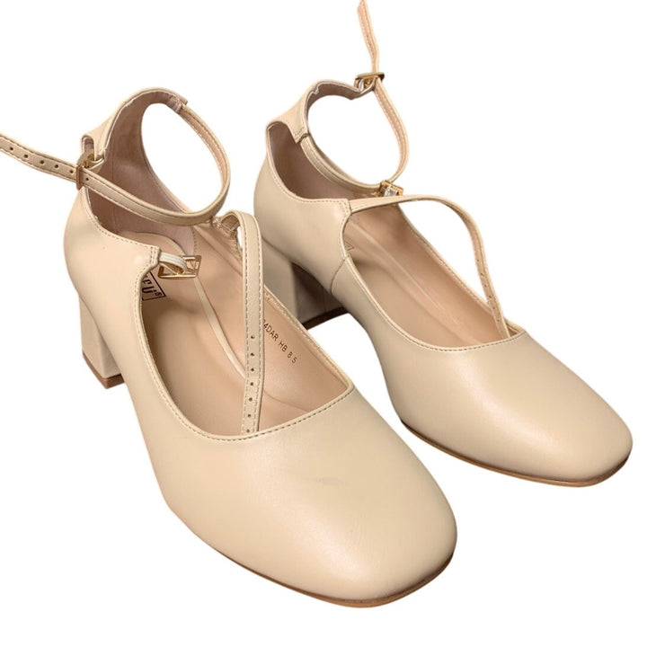 Idifu Womens Size 8.5 Tan Mary Jane 2.25" Block Heel Closed Toe Heel Shoes